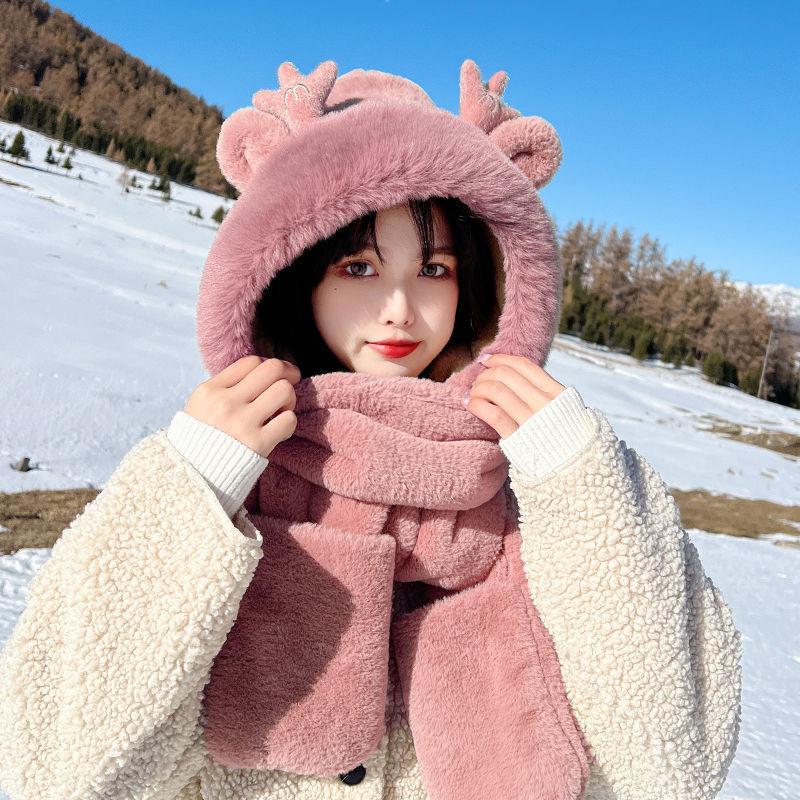 Cute capybara hat scarf gloves integrated women's winter windproof warm plush three-piece hat