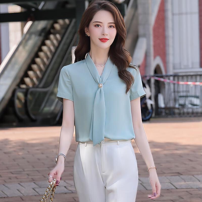 Women's Korean Style Short Sleeve Tie-Neck Blouse