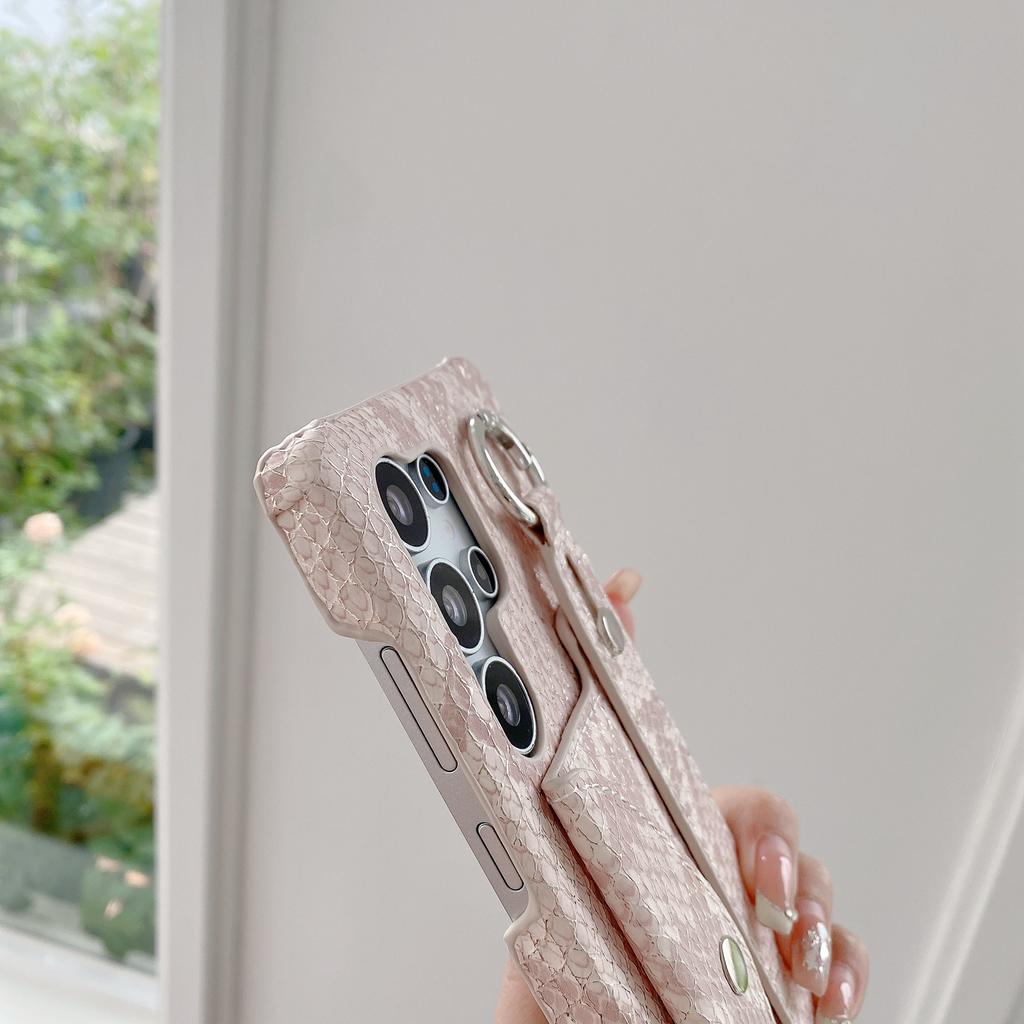 Für Samsung Galaxy S24 Ultra Hülle Kartenhalter Armband Lackierte Schlangentextur PU + PC Rückseite mit Lanyard