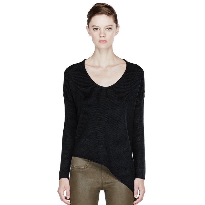 

Arrival Spring & Fall Crew Neck Pullover Sweater Women s Asymmetric Beveled Hem European and American Leisure Loose Easiest for Match White and Black Black L