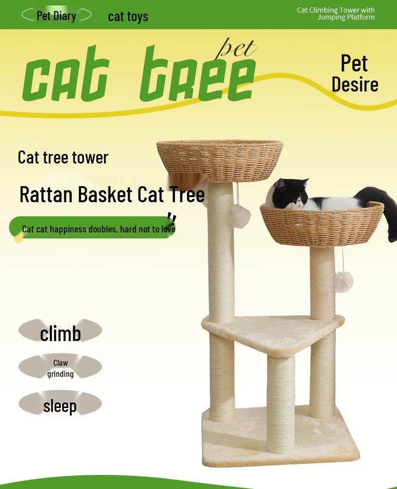 Cat Tree Tower with Rattan Basket and Sisal Climbing Frame