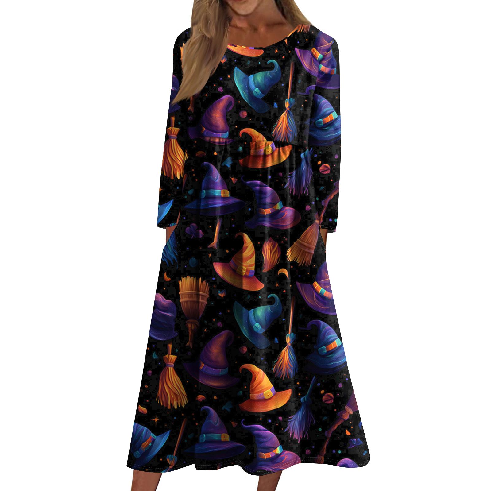 

Women s Casual Crew-neck Halloween Print Mid-length Dress Long-sleeved Dress With Pocket XXL