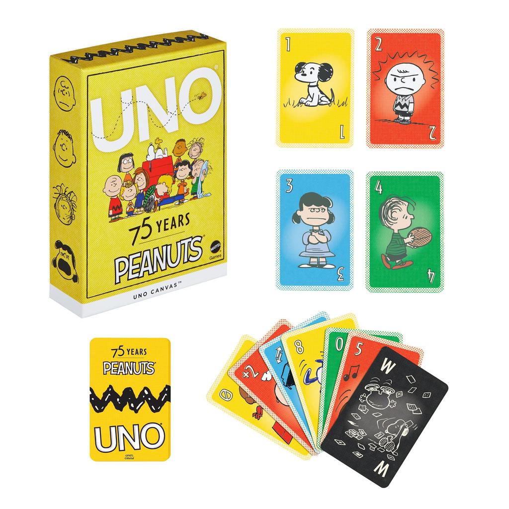 Mattel Spiele UNO Canvas Peanuts Party 112 Alter 7 und JFP04 Spiel, Zubehör, Karten, 2-10 Spieler, Auf, Gelb,
