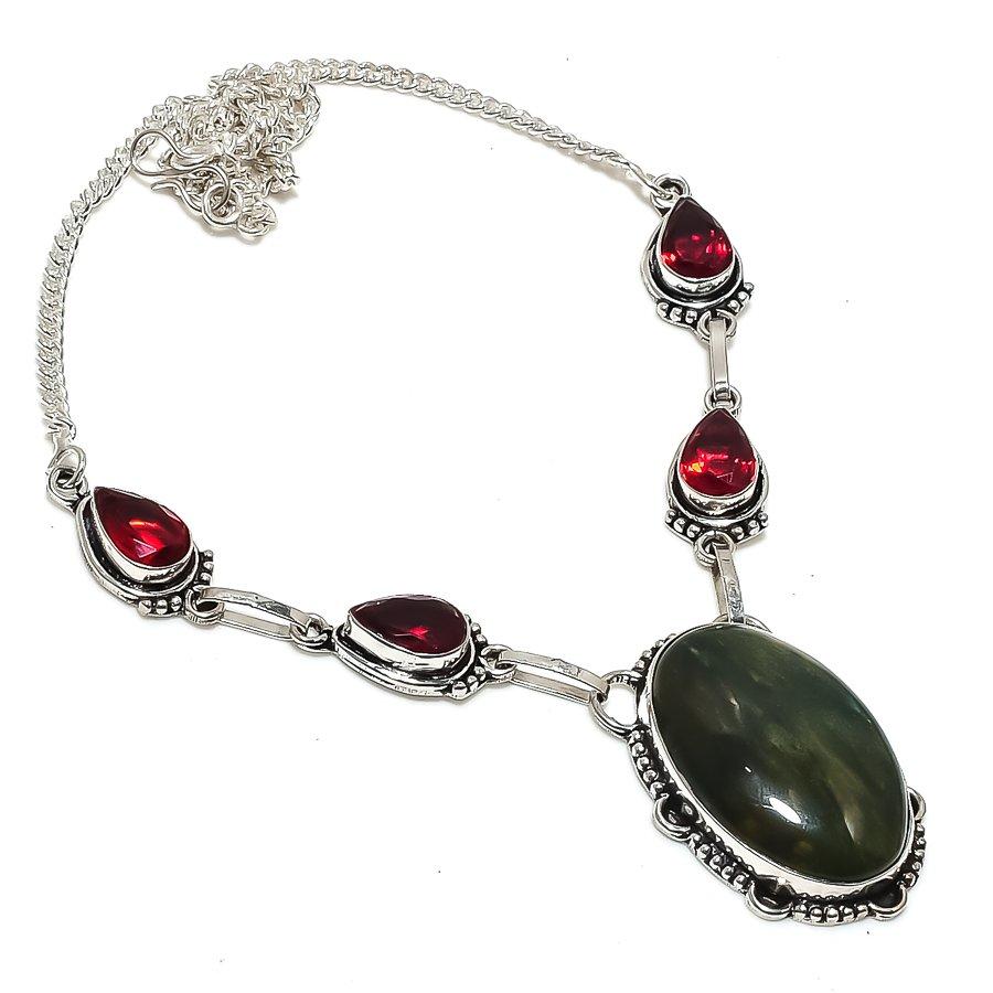 Natural Banded Green Opal, Garnet 925 Sterling Silver Jewelry Necklace 18" v9m76