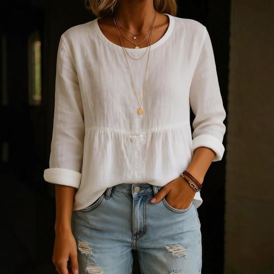 Women Tops Long Sleeve Round Neck Loose Fit Pullover Tops with Pleated Hem Pure Color Spring Summer Casual Shirt