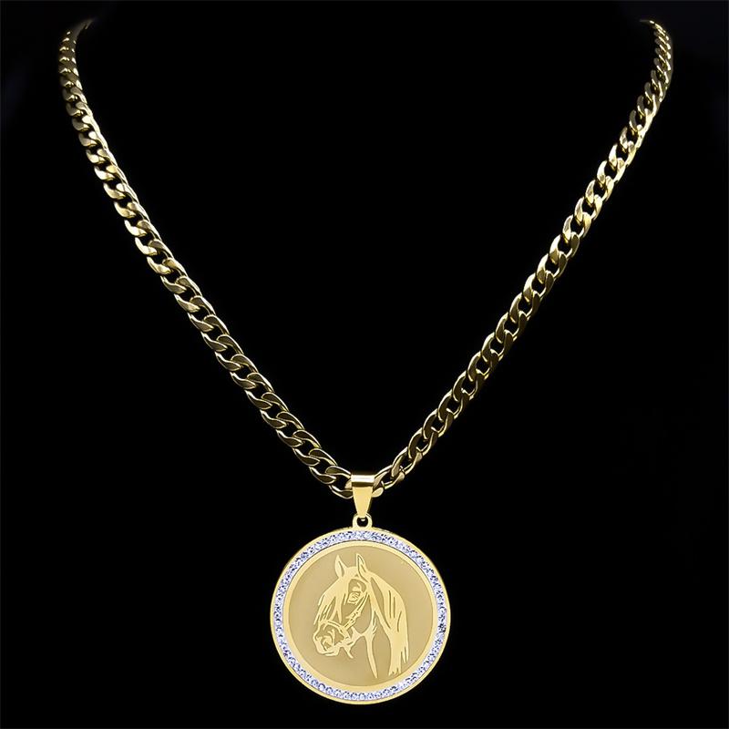 Horse Head Christian Pendant Necklace for Men Hip Hop Stainless Steel Rhinestone Animal Lucky Jewelry Gift for Boyfriend NZZZ498