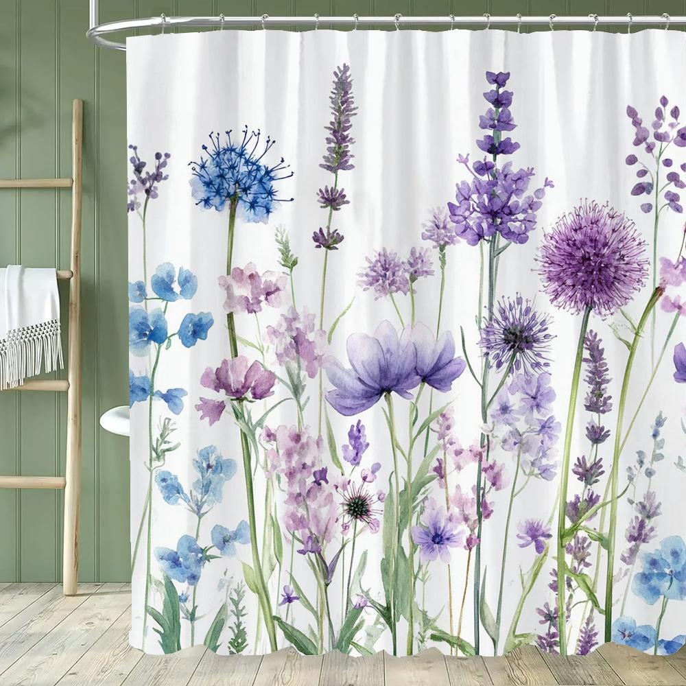 1PC Purple Flowers Shower Curtain,  Watercolor Floral and Plants Bathroom Decorative Curtain,Polyester Home Curtain with Hooks
