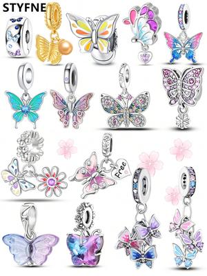 Copper Plated Original Charms Spring Colorful Butterflies Beads Fit Bracelet Women'S Jewelry Gift