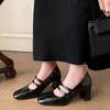 New Women's Fashion Single Shoes Solid Color High Heel Comfortable Cowhide Single Shoes Square Head Buckle Non-slip Cowhide Sole Large Size Shoes