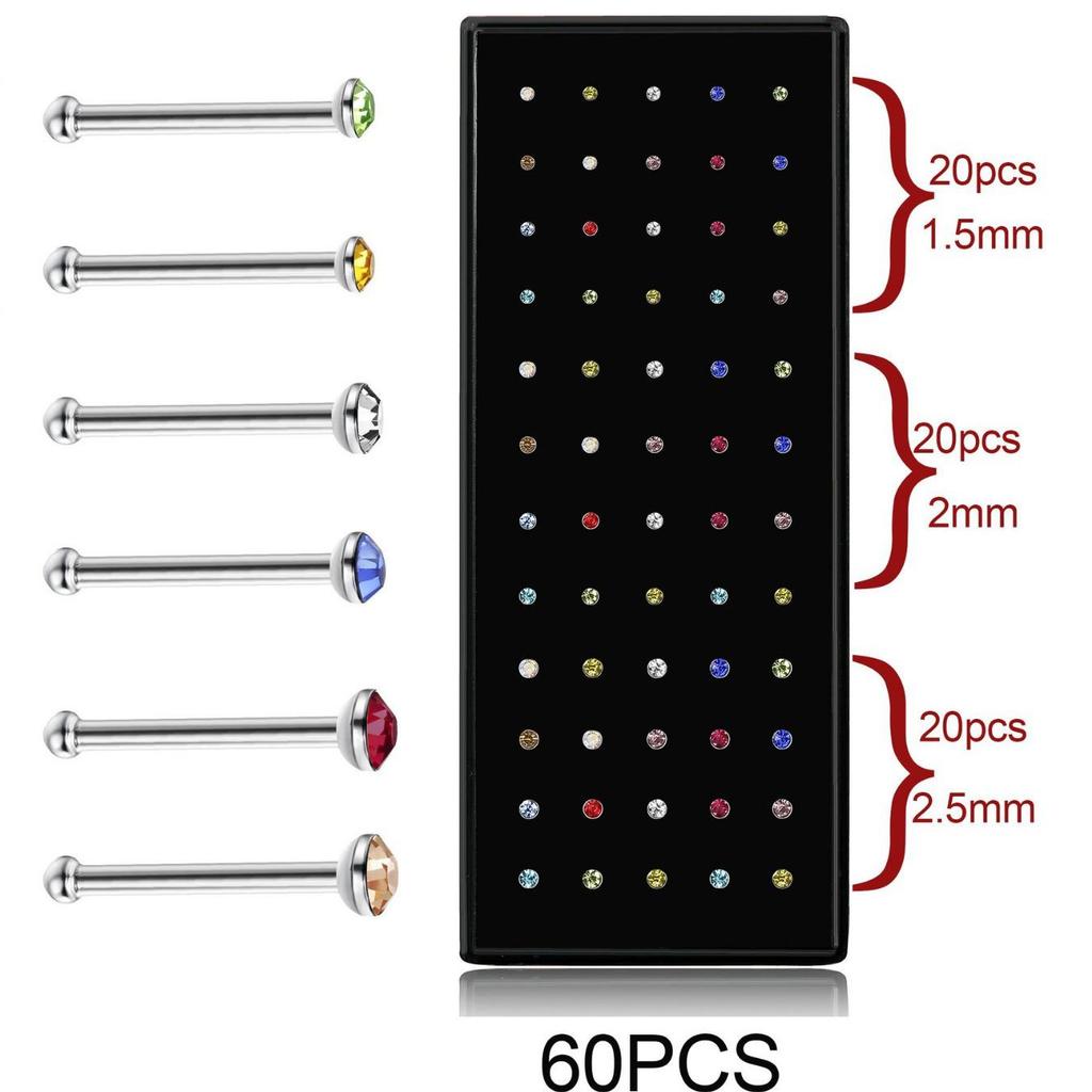 60 Stainless Steel L-Shaped Nose Studs (1.5/2.0/2.5mm) with Diamond Inlay Curve Nose Rings