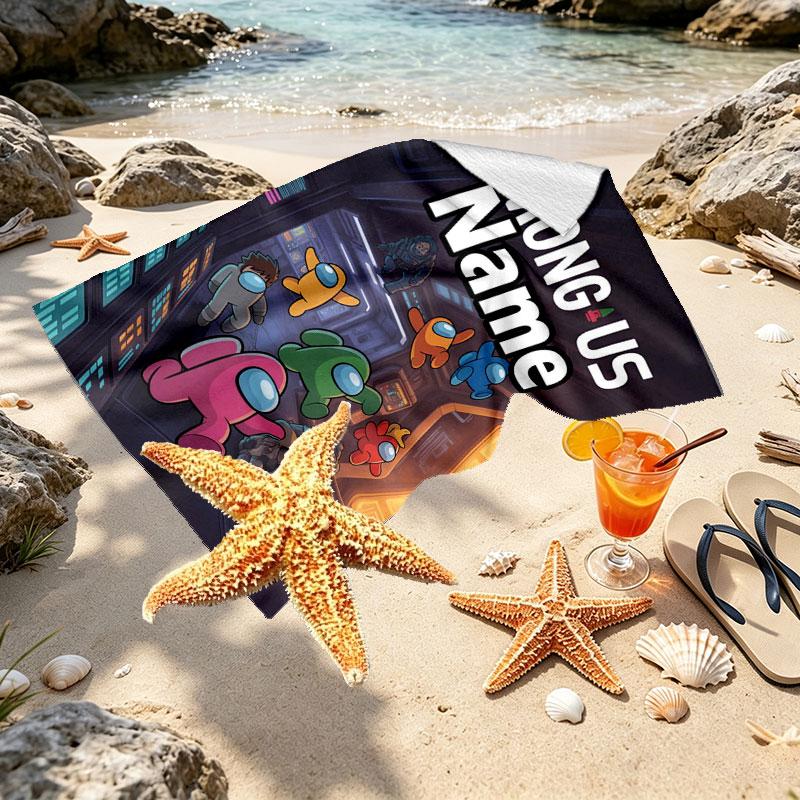 Custom Name Personalized Among Us Print Beach Towel, for Trip Camping Beach Party Home Decor, Birthday Gift for Family & Friends