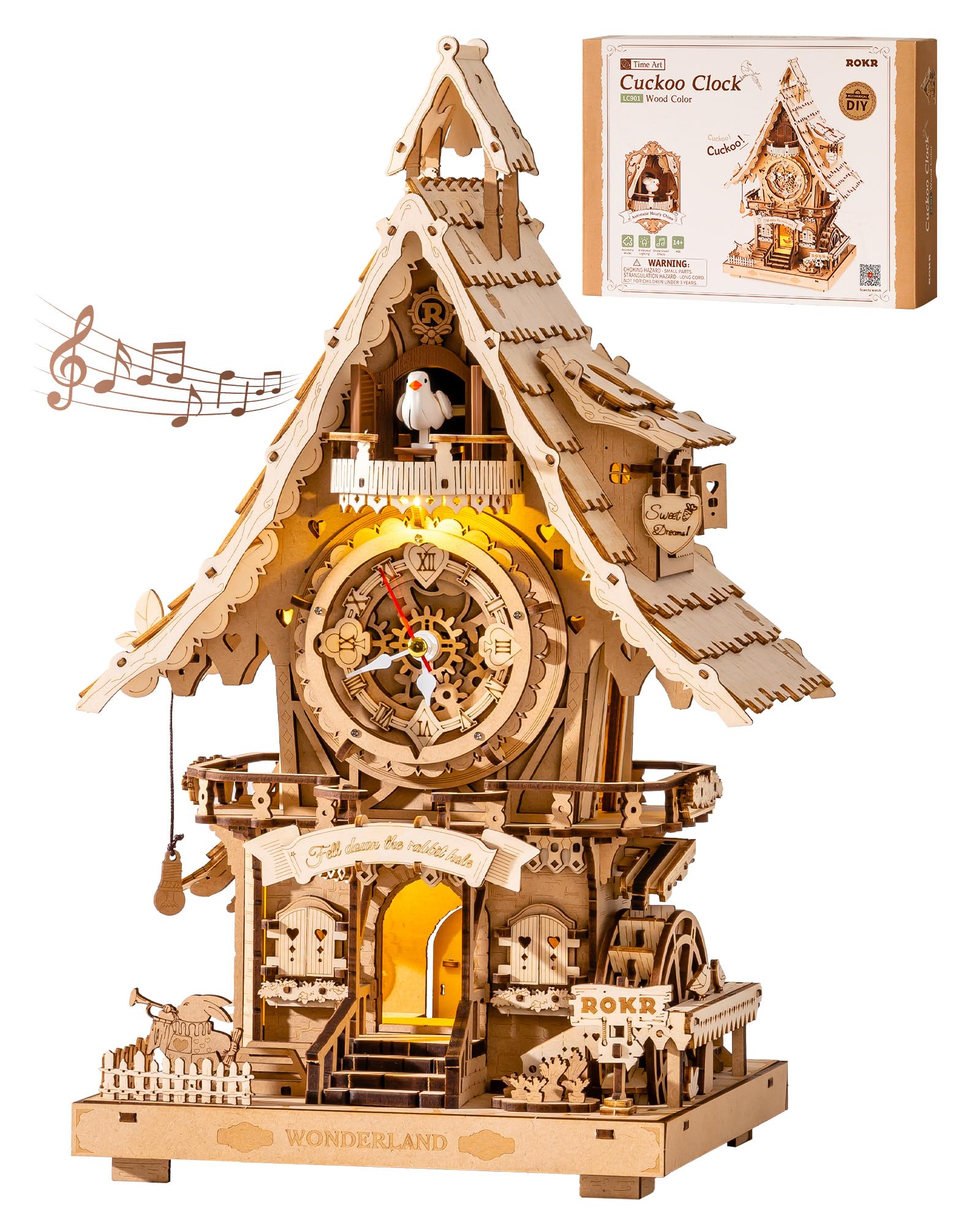 

ROKR 3D Wooden Puzzle Hakko Clock with Cuckoo Chime and LED Precision Assembly DIY Creative Interior Home Atmosphere Living Gift Suitable for Kids and