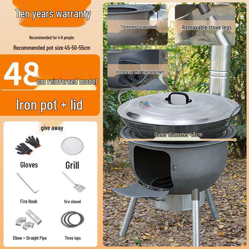 Thickened Integrated Firewood Stove for Outdoor & Rural Home Use: Portable Iron Pot & Extra Heat.
