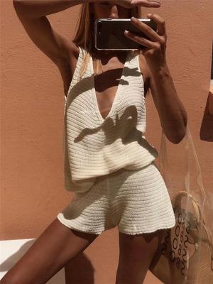 Women's New Arrivals Solid V-Neck Backless Top + Shorts Two Piece Sweater Set