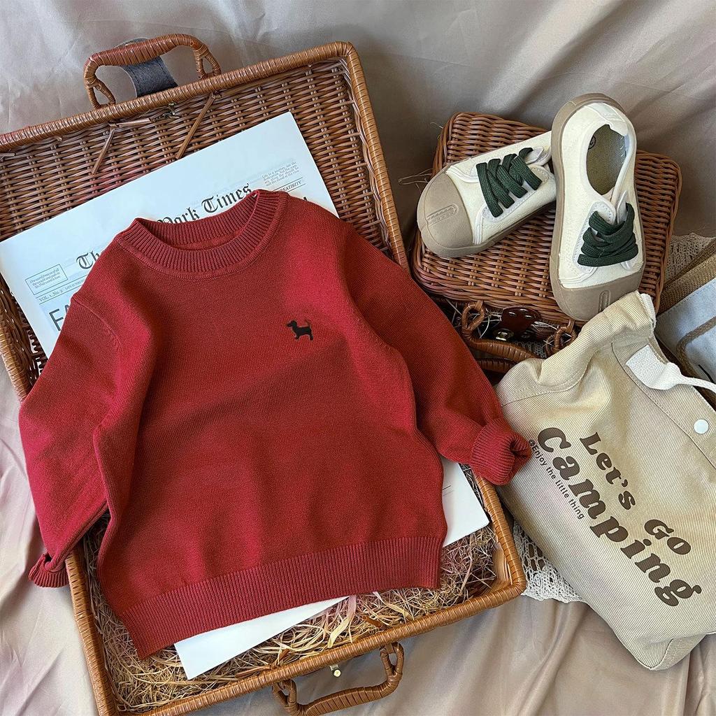 Kids' Knitted Crew Neck Sweater - Autumn/Winter, Embroidered, Loose Fit, Unisex