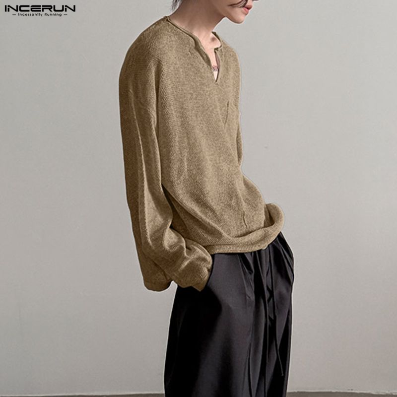 INCERUN Oversized Autumn Spring Men Casual Long Sleeve Texture T-shirts Tops