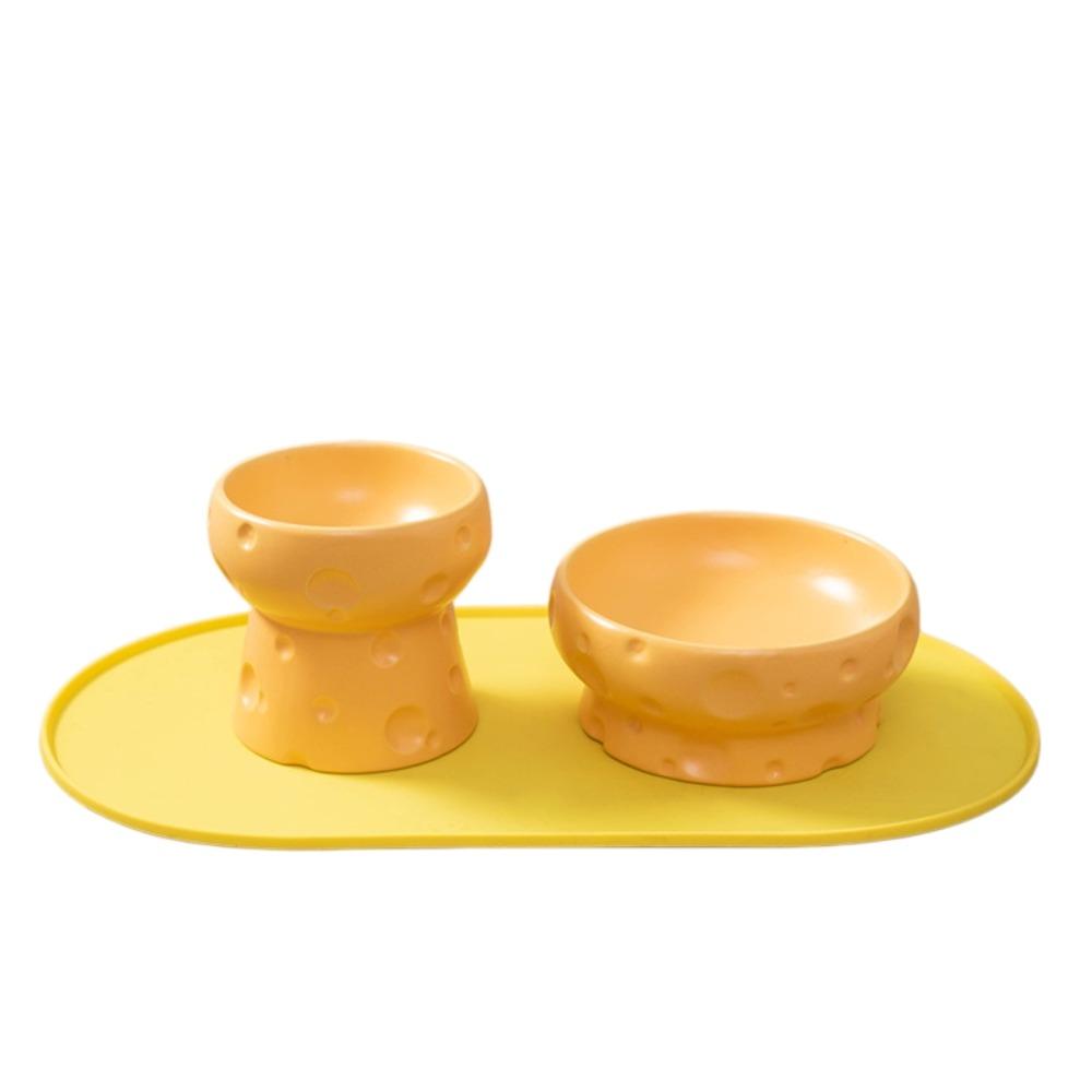 Large Diameter Elevated Cat Bowl Anti-knock Anti-spill Neck Protection Bowl Cheese Shape Ceramic Pet Food Bowl