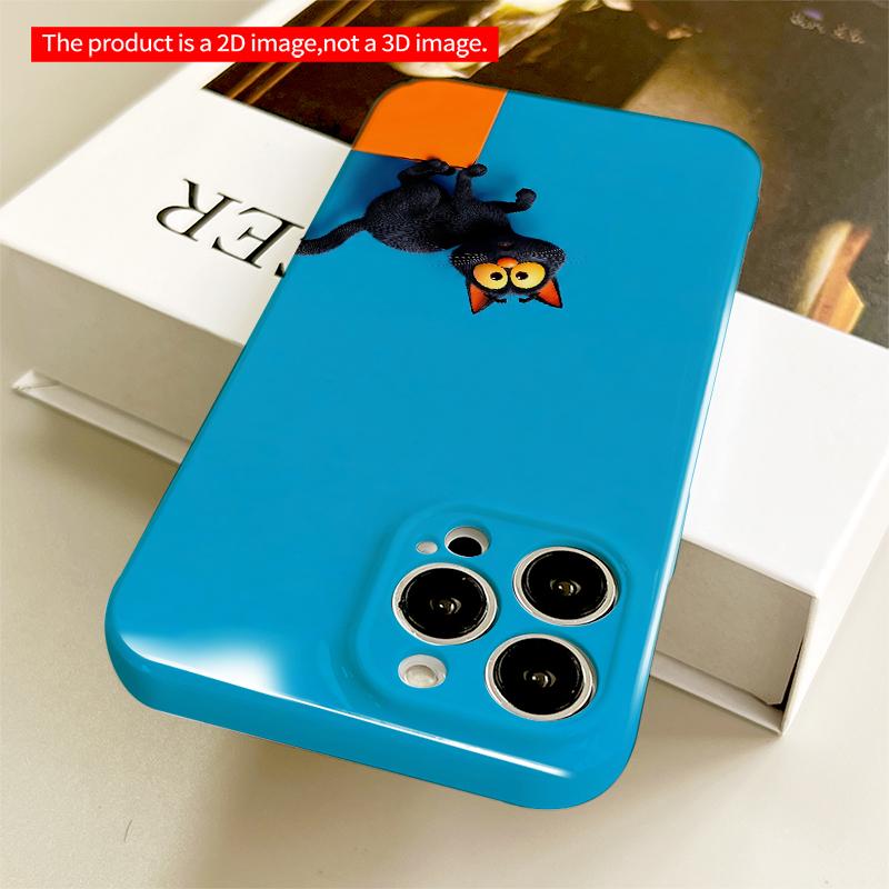 2DFlat Black Cat on Orange Edge, Bright Blue Background All inclusive film hard iPhone case, compatible with iPhone 18 Pro Max 17 16 15 14 13 12 11