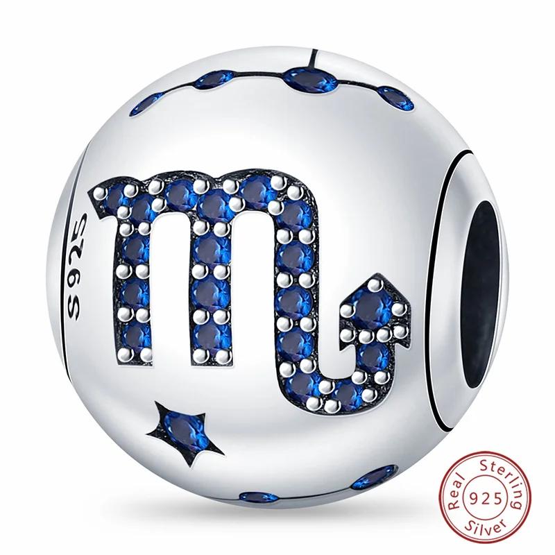 Copper Metal Blue Zircon 12 Constellation Charm Bead Components Bead Component Compatible With Authentic Original Bracelets High Quality Fine Do It