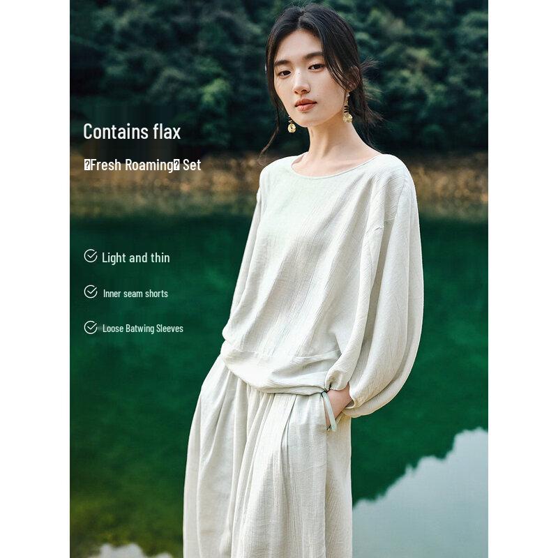 XWI Women s Linen-Blend Batwing Sleeve Pullover Shirt & Pants Set S