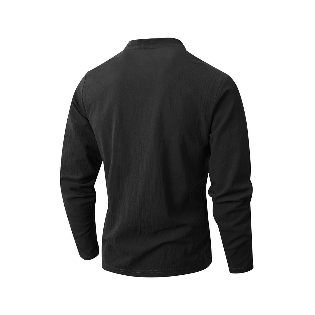 Men's Solid Color Cotton Linen Button Collar Long Sleeve Top Men's Sports Large Size Casual Top