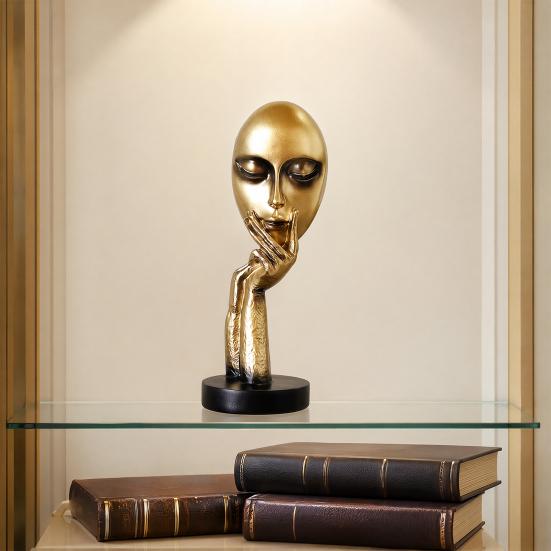 jijijing Abstract Contemplative Face Resin Sculpture, Minimalist Hand-on-Chin Bust Statue for Desk Living Room Office, Creative Art Decor Entryway