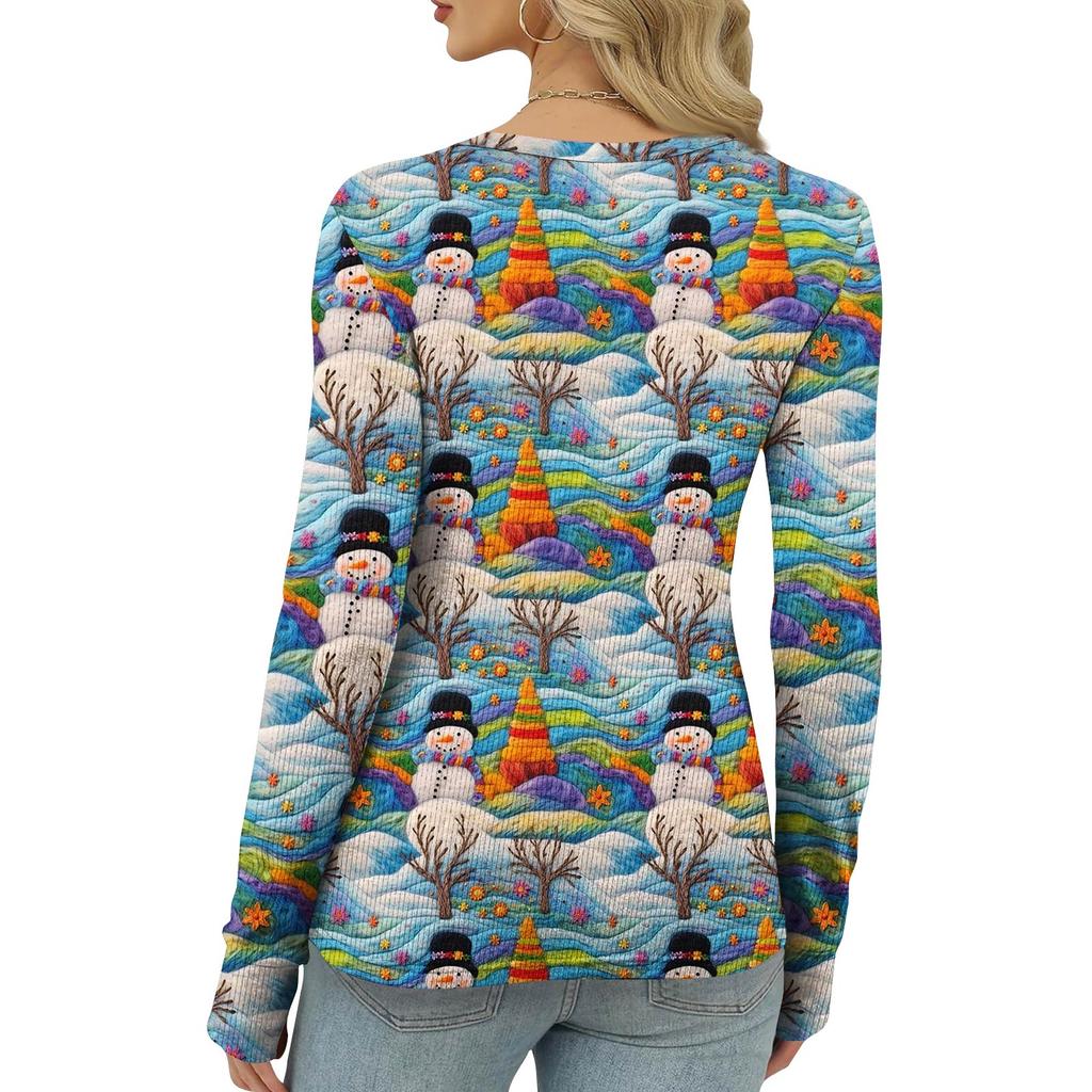 Women's Winter Slim Bottom T-shirt Fashion Casual Gradient Printing Round Neck Pullover Long Sleeve Top