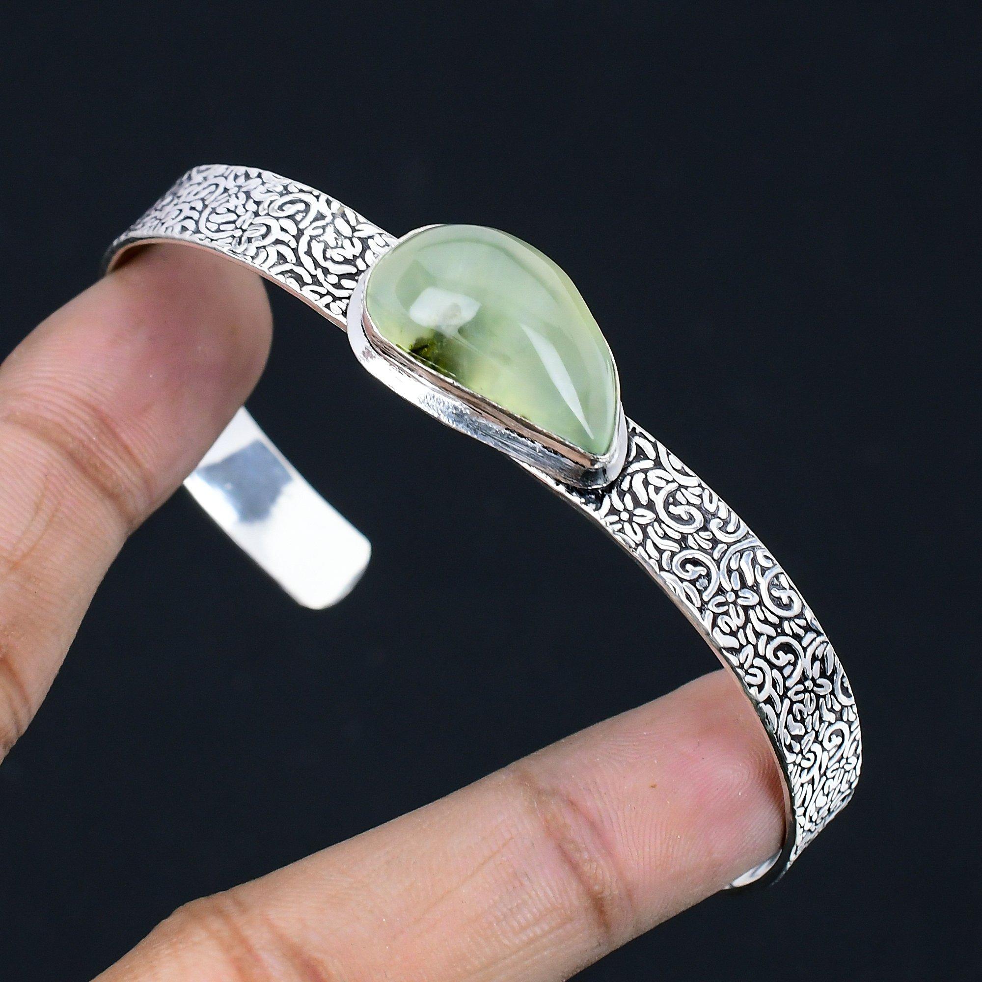 

Wedding Gift For Her 925 Silver Natural Moss Prehnite Gemstone Bangle Adjustable Adjustable