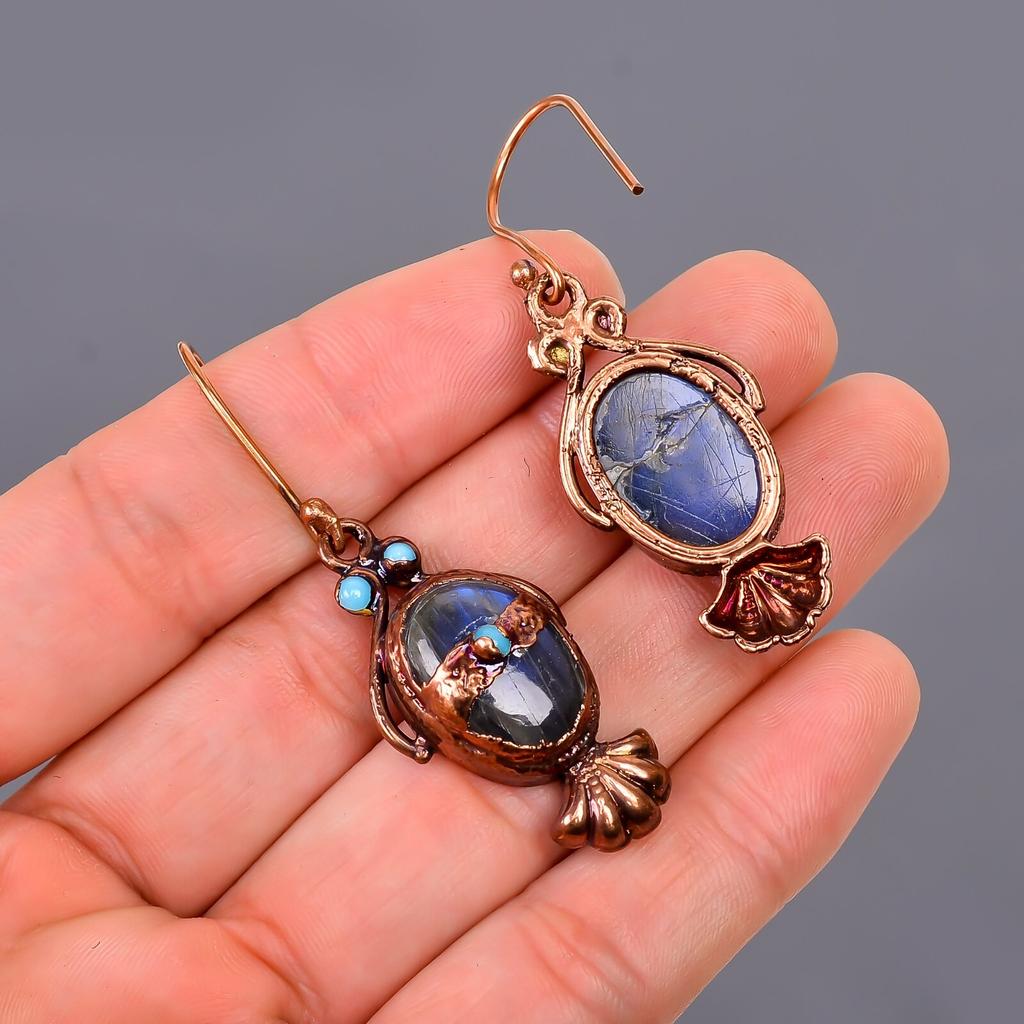 Labradorite Stone Artisan Dangle Drop Electroformed Hook Earrings Jewelry Copper V-112