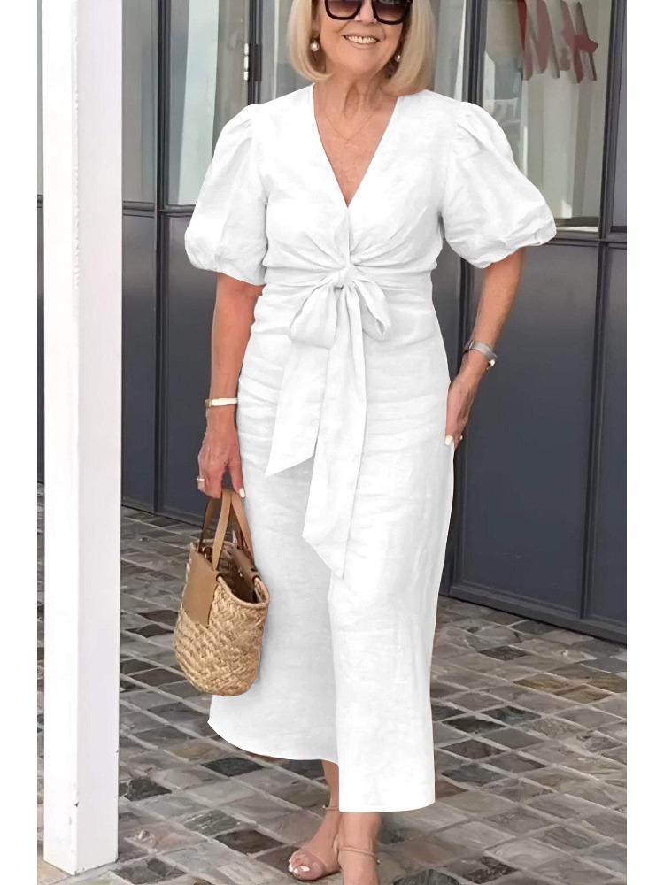 Women's Spring Summer Art Deco-inspired Vintage V-neck Lace-up Puff-Sleeve Cotton A-line Solid-Colour Dress