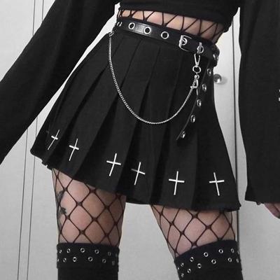 Women Harajuku Sweet Fresh Feeling High Waist Pleated Skirt Elastic Waist Cross Embroidery Skirt Black Skirt Pleated Skirt