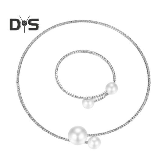 

2 шт./компл., женский элегантный комплект ювелирных изделий, блестящие стразы, искусственный жемчуг, регулируемый браслет с открытым воротником, ожерелье античный серебряного