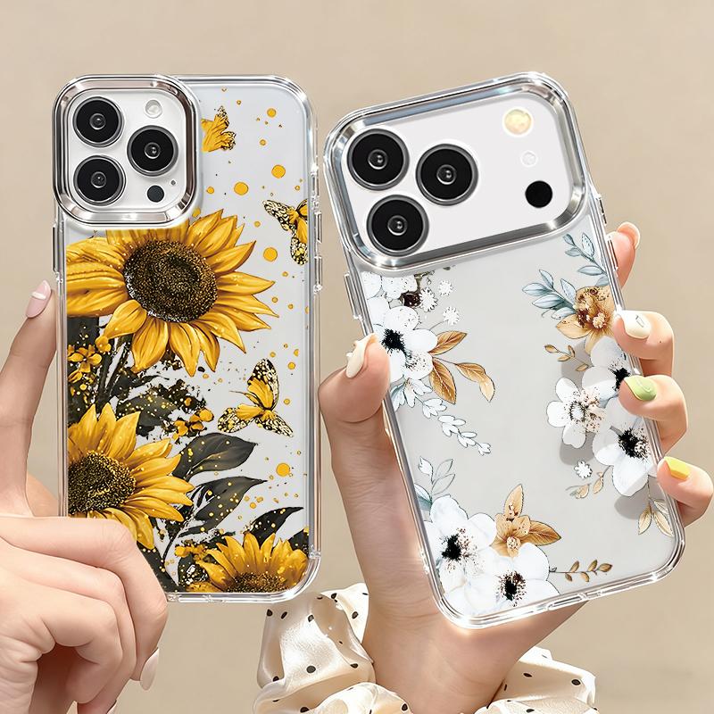 Sunflower Floral Pattern Case For iPhone 17 Pro Max iPhone 16 15 14 13 Pro Max 11 17e 16e Plating Lens Frame Clear Soft Silicone Back Cover