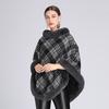 Womens Plaid Faux Rex Rabbit Fur Collar Cape Knit Sweater Coat Thick Warm Winter Hooded-Free Style