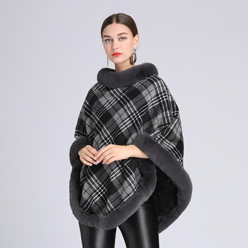Womens Plaid Faux Rex Rabbit Fur Collar Cape Knit Sweater Coat Thick Warm Winter Hooded-Free Style