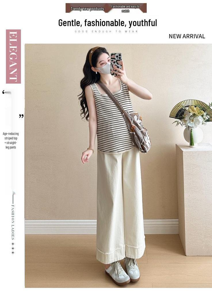 Maternity Petite Striped French Long Sleeve Shirt Set - High-End Spring/Summer Design