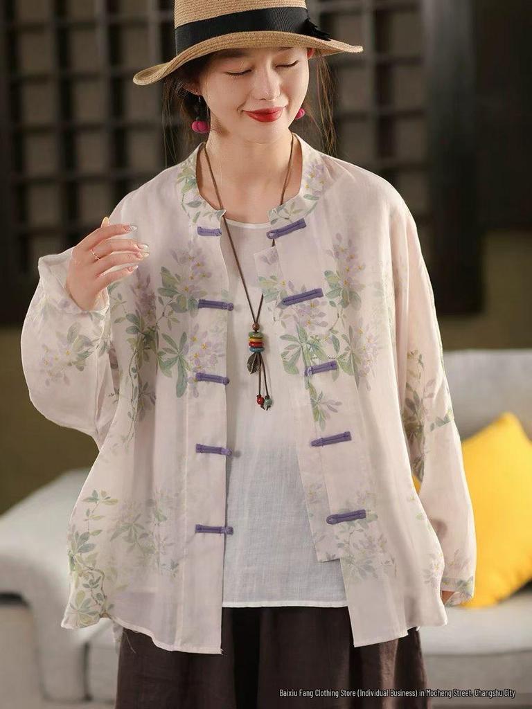 Frühling/Sommer 2026 Damen Chinesischer Stil Elegantes Print-Stehkragen-Langarm-Ramie-Hemd