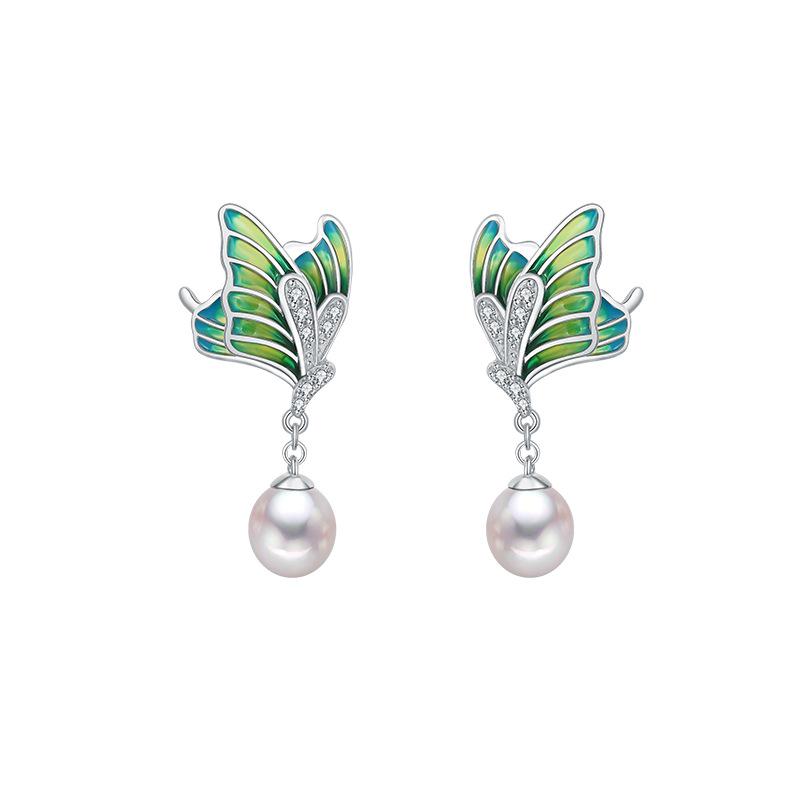 Butterfly Dream Enamel Pearl Earrings: S925 Sterling Silver, Fashionable Design 925 Silver