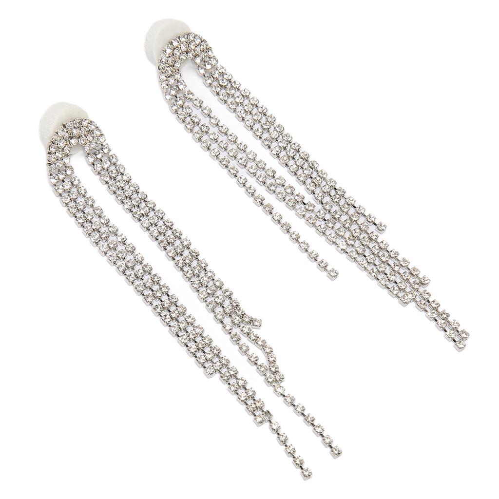 2pcs Arc Linear Rhinestones Dangle Earrings Women Alloy Exquisite Fashionable Long Tassel Earrings Jewelry Silver