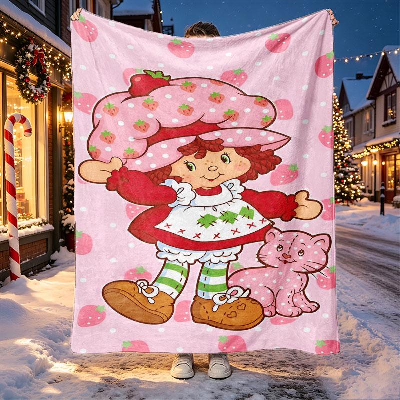 Strawberry Shortcake Pattern Blanket for Home Decoration, Bed, Sofa, Car Travel, Camping, Suitable for All Seasons, Birthday Christmas Gift