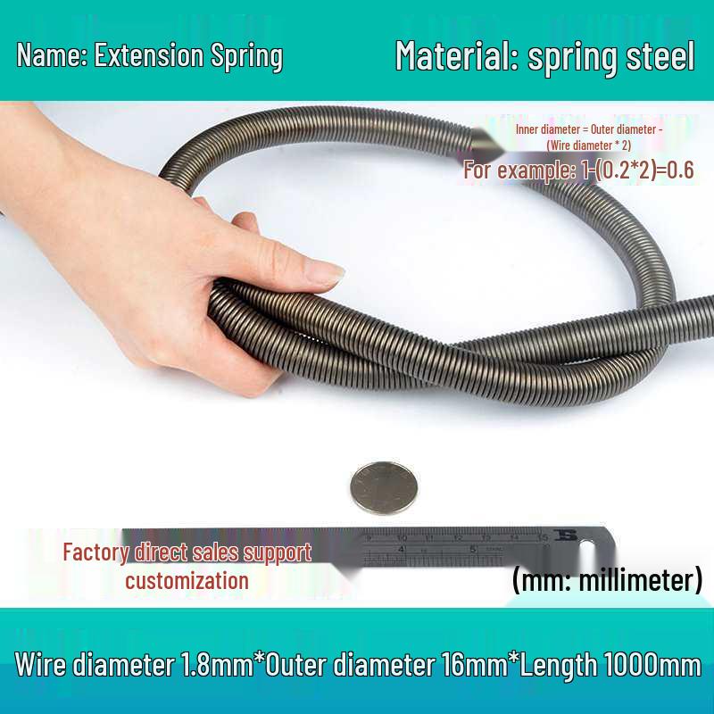 1m Spring Coil Extension with Hook - Strong Tensile Force, Thin Soft Sheath, for Tarpaulins & Sliding Doors