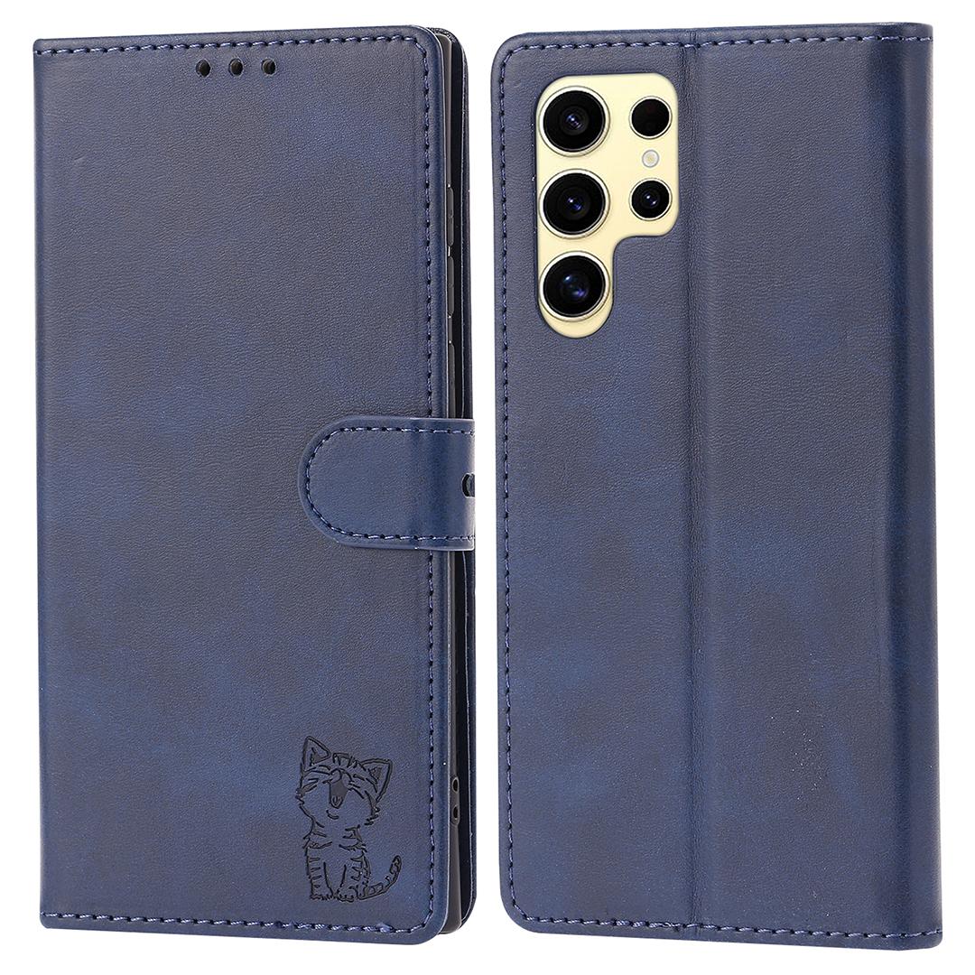 

Для Samsung Galaxy S25 Ultra Чохол Щасливий Кіт Візерунок Тиснена Шкіра Гаманець Чохол для Телефону Blue