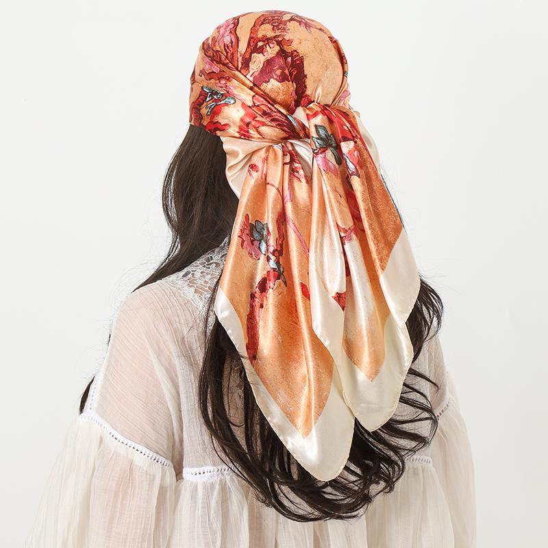 Satin Square Scarf Women Hijab Elegant Print Silk Scarf Neckerchief Shawl Wraps Headband Hair Accessories Bandana 90*90cm