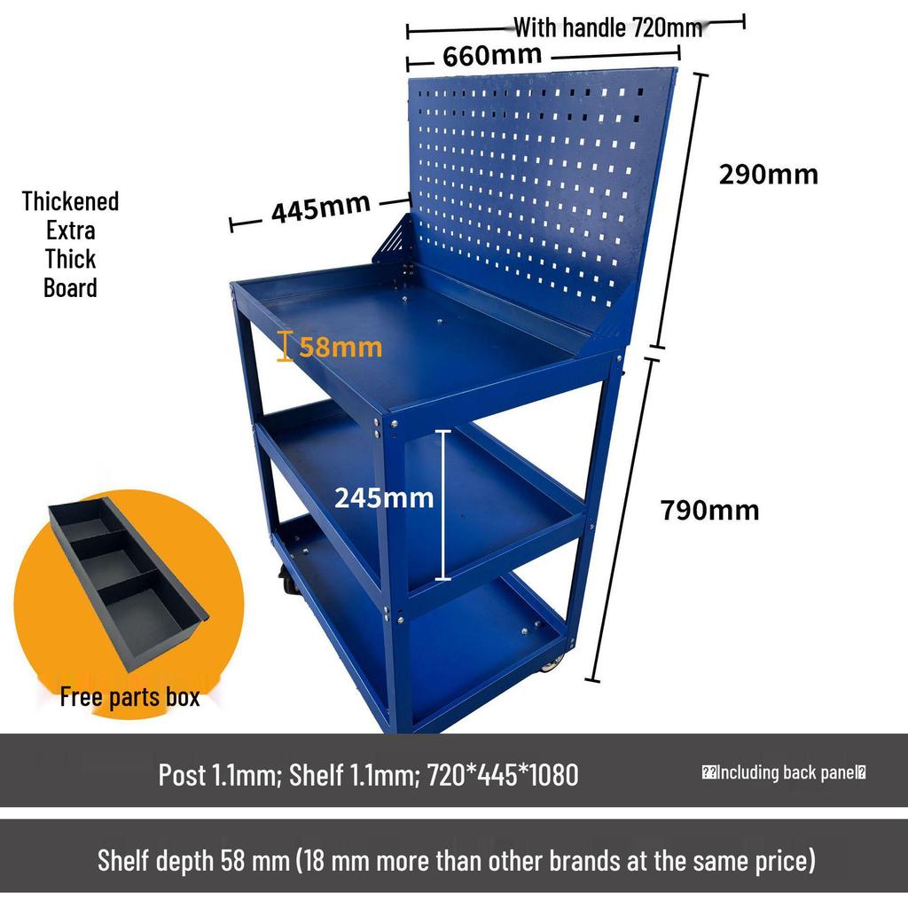 Three-Tier Hand Push Tool Cart for Auto Repair and Maintenance, Multi-functional Mobile Parts Storage Shelf