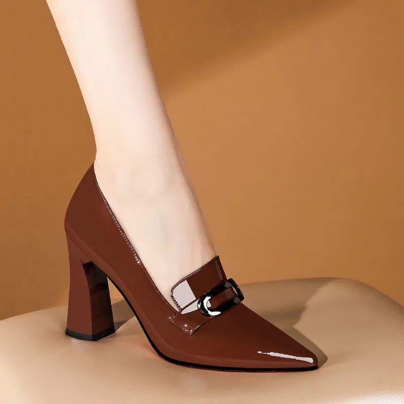 Fashion FHC Spring New Chunky High Heels,Women Pumps,Single Shoes,Pointed Toe,Chain,Buckle,Slip On,Brown,Black,Red,Dropship