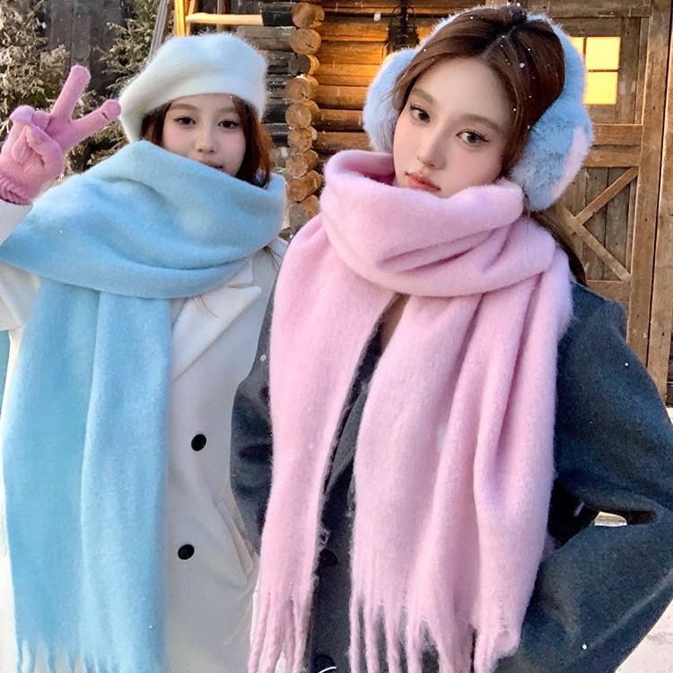 New Autumn and Winter Mohair Scarf Women's Korean Version Thickened Warm Versatile Plaid Scarf Knitted Fringed Student Scarf