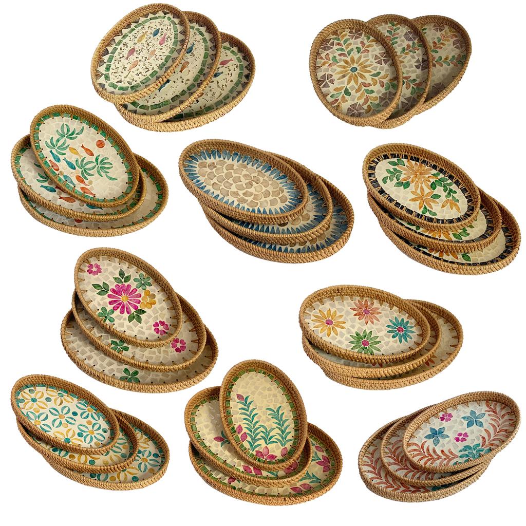 3PCS Oval Rattan Trays Colorful Shell Decor Hand Woven Storage Tray Set for Fruits Tea Utensils