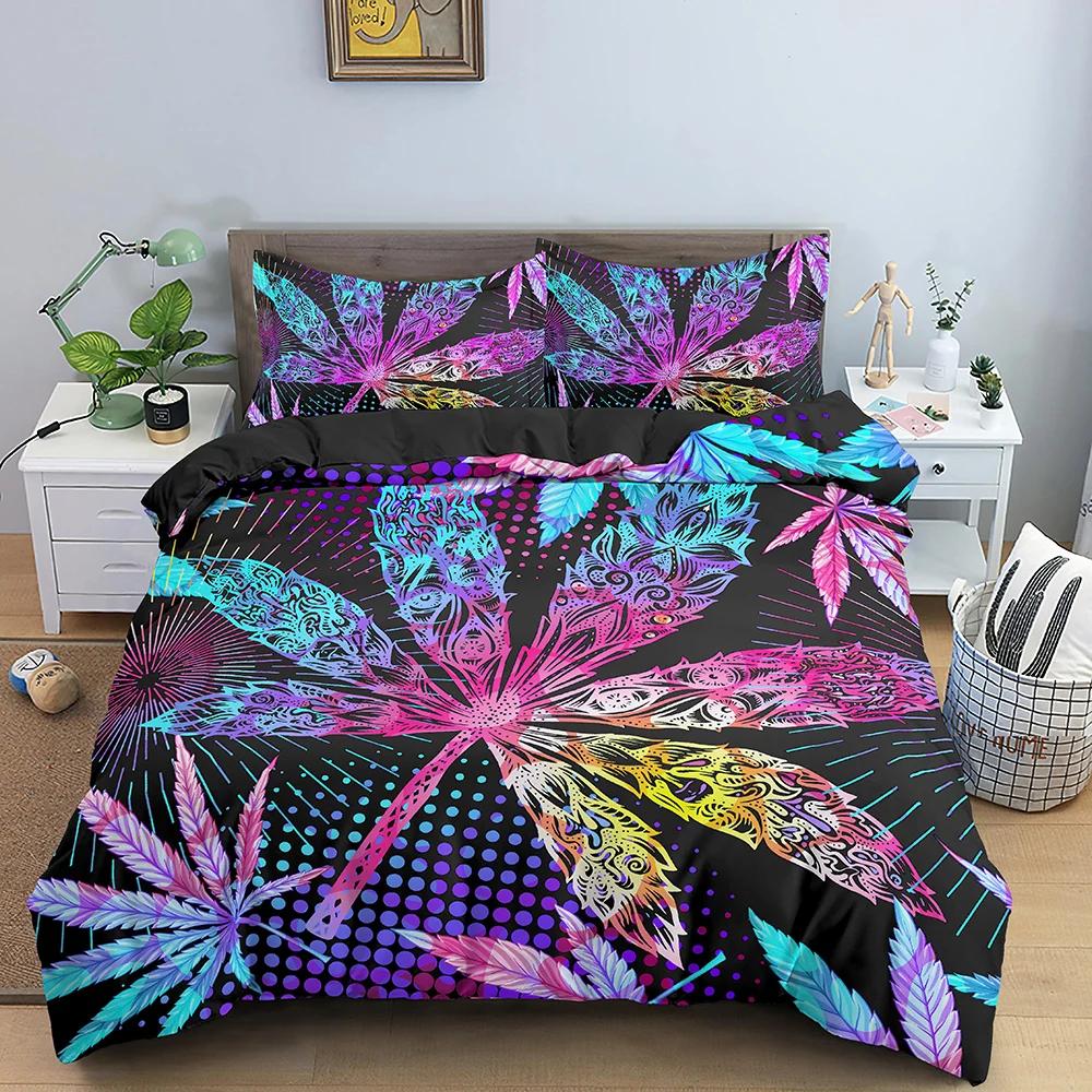 Maple Leaves King Queen Bedding Set Psychedelic Weed Leaf Duvet Cover Colorful Stripes 2/3Pcs Polyester Quilt Cover