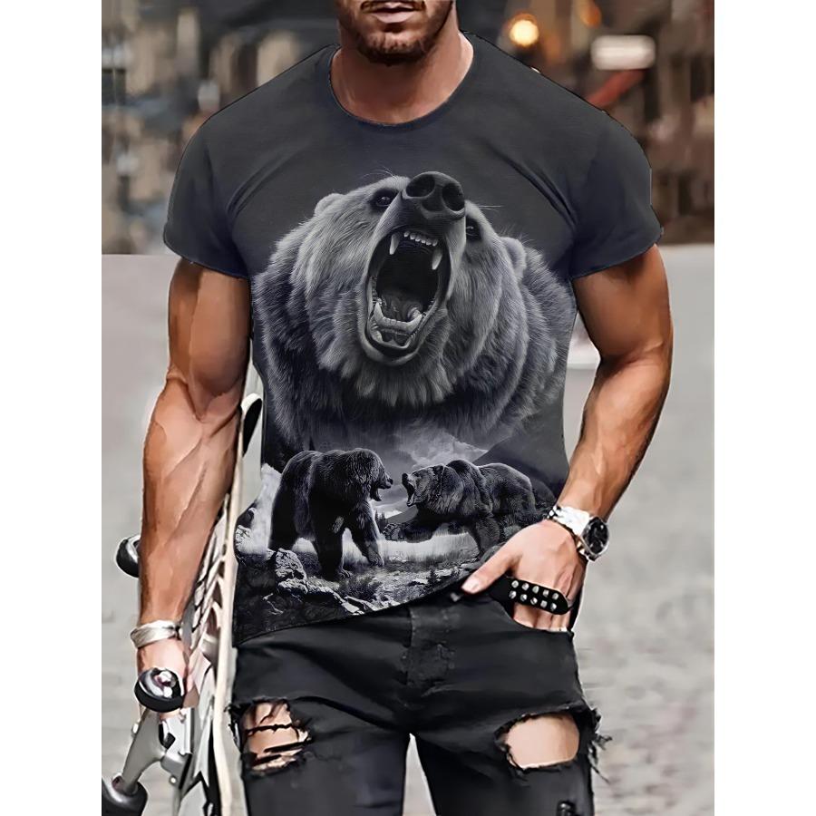 Randigt mönster T-shirts Sommar Björn Hjort Djur T-shirts Herr Streetwear 3D-tryck T-shirt Mode O-hals Kortärmade toppar