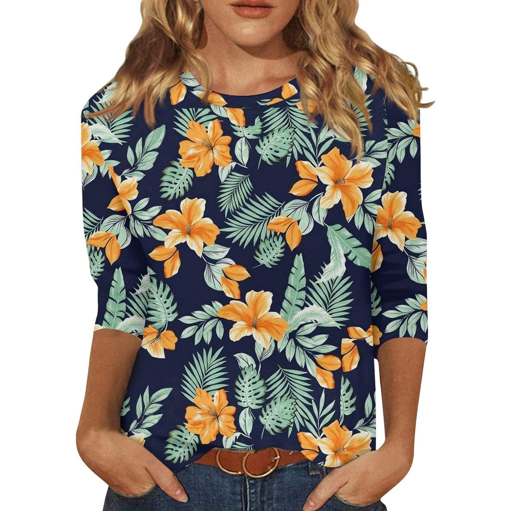 Koszule z rękawami 3/4 dla kobiet Śliczne nadruki Koszulki z nadrukami Bluzki Casual Plus Size Podstawowe topy Pulower